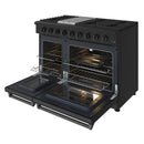 Black propane range with open ovens, racks, and front control knobs