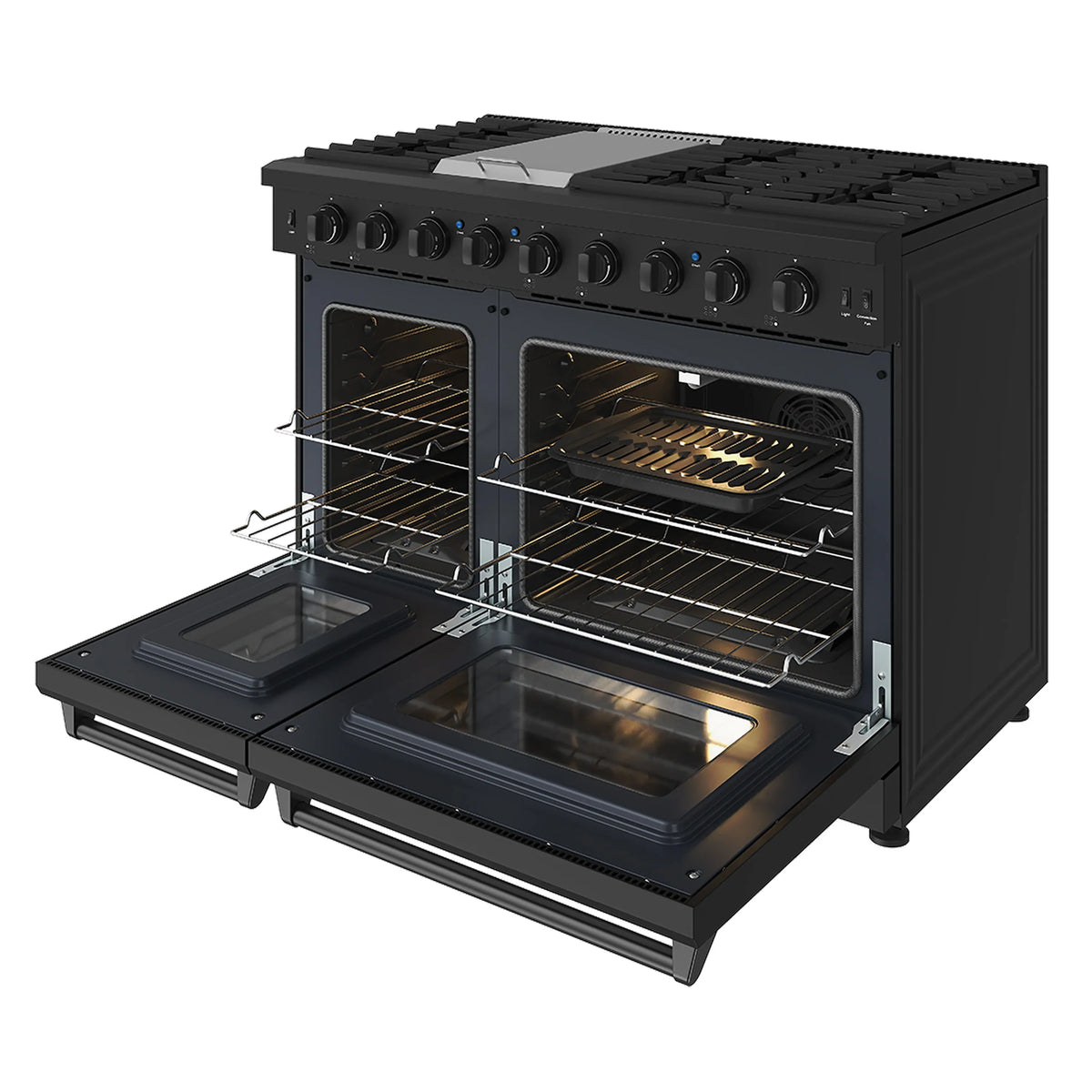 Black gas range with open doors showing racks and interior oven compartments