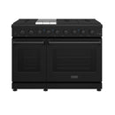 Black 48-inch gas range with dual ovens and front control knobs