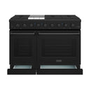 Black propane range with two oven doors and open storage drawer