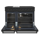 Black propane range with two open oven doors and wire racks
