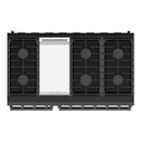 Black gas range cooktop with four burners and front panel controls