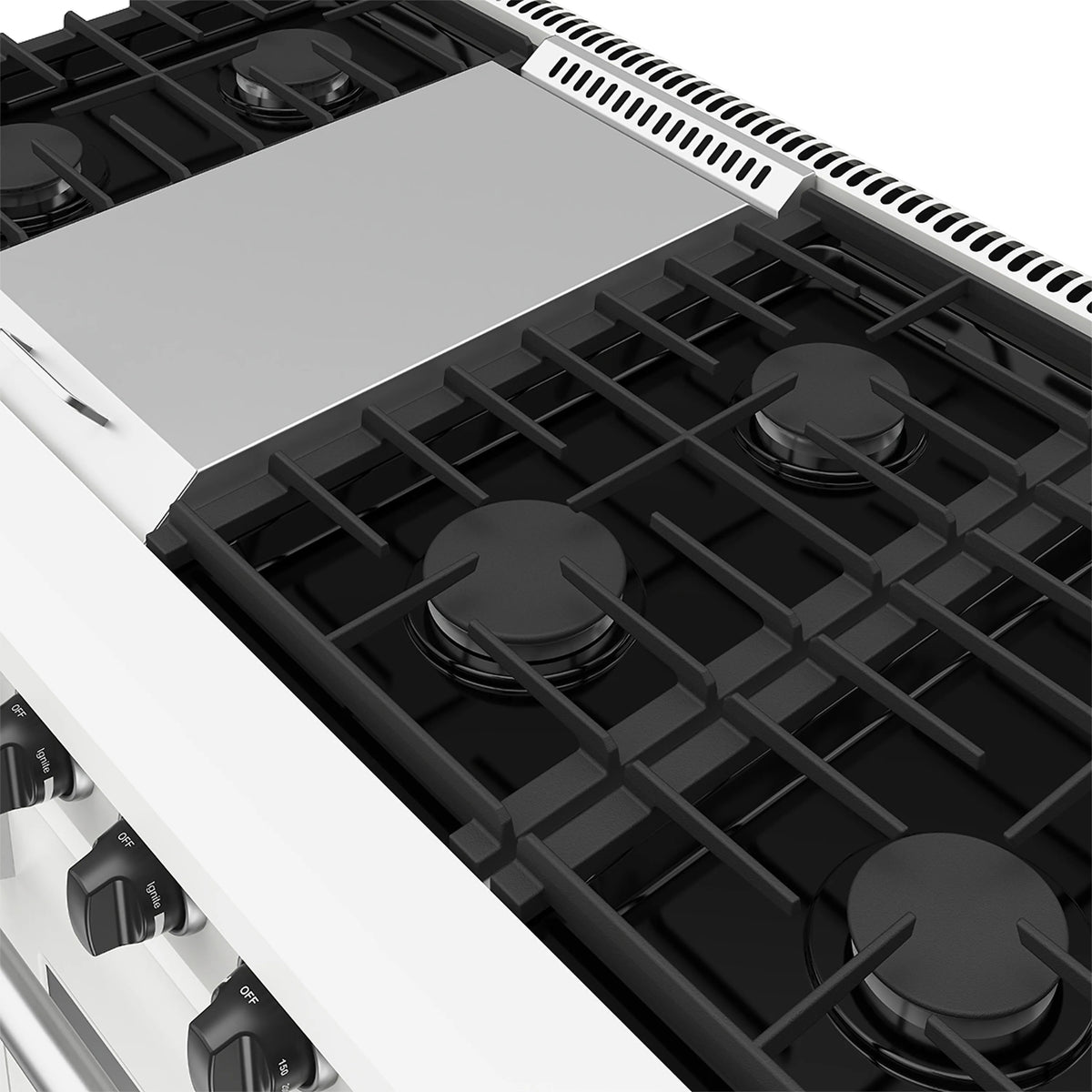 Propane range cooktop burners with black cast-iron style grates