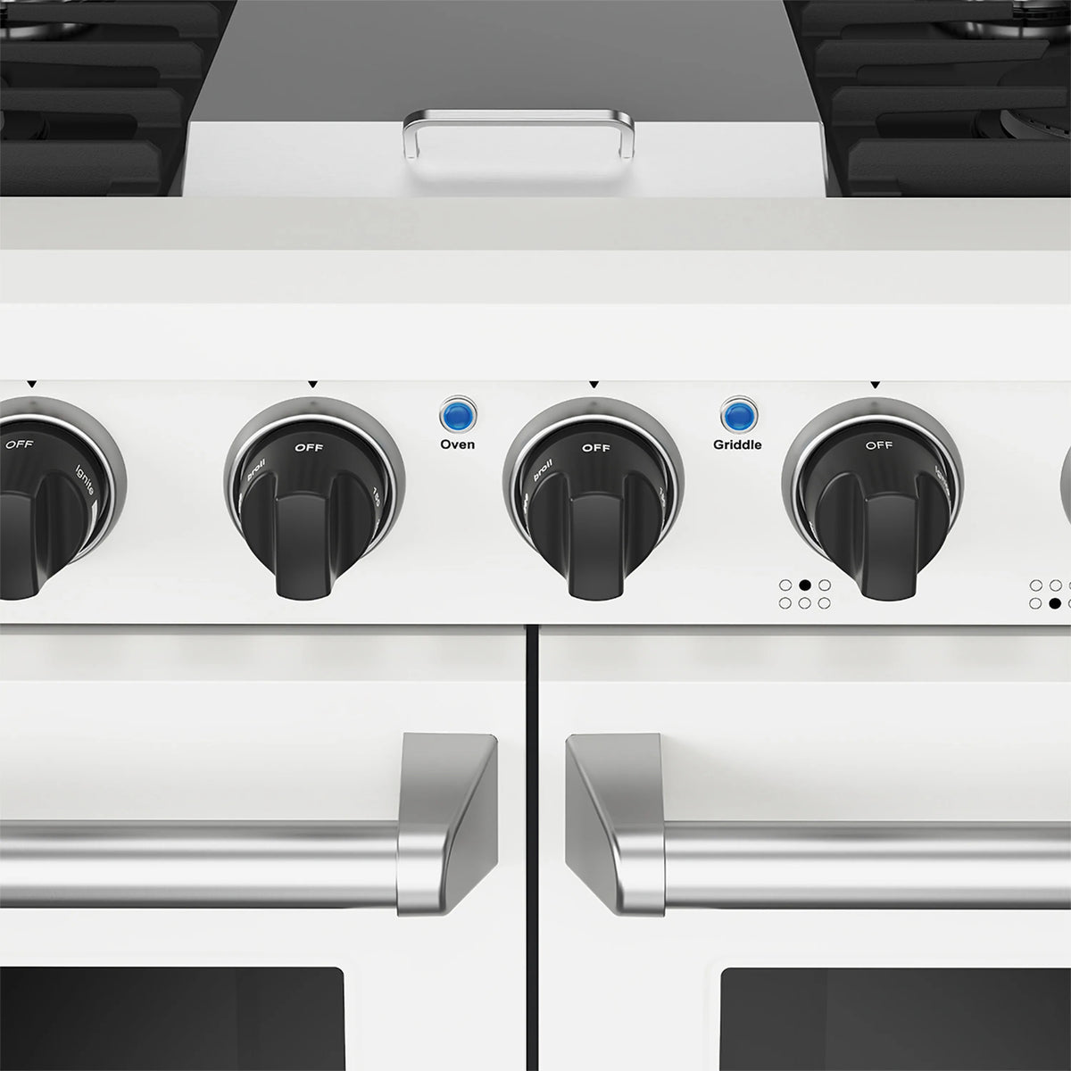 Propane range knob panel with oven, griddle, and off settings