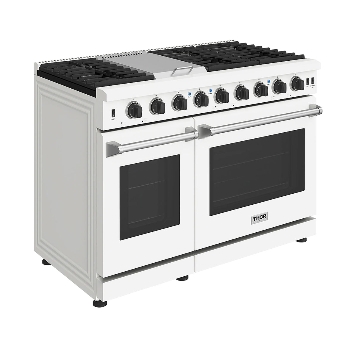 White 48-inch gas range side angle with two black oven windows and knobs