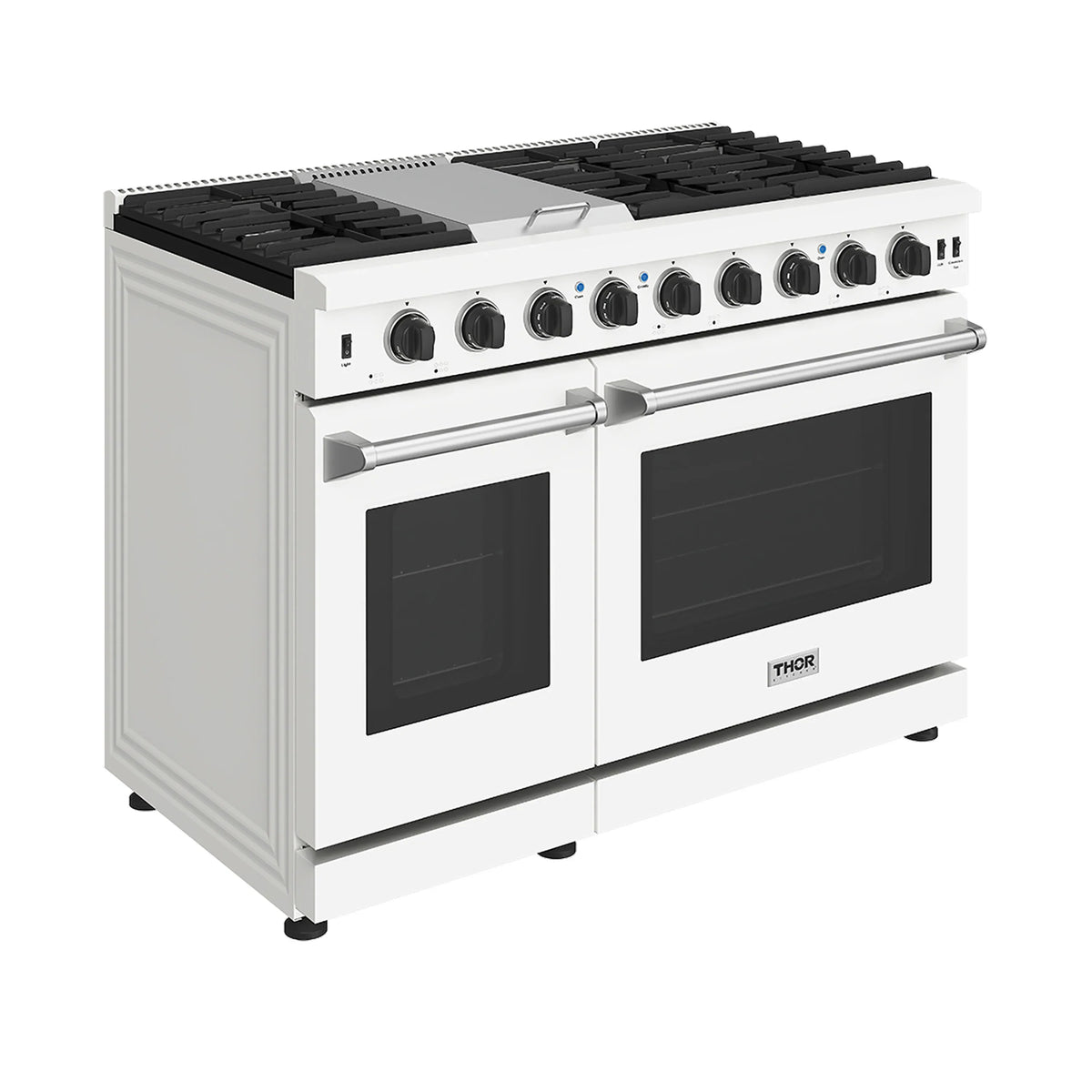 White gas range with black burner grates, control knobs, and two oven doors