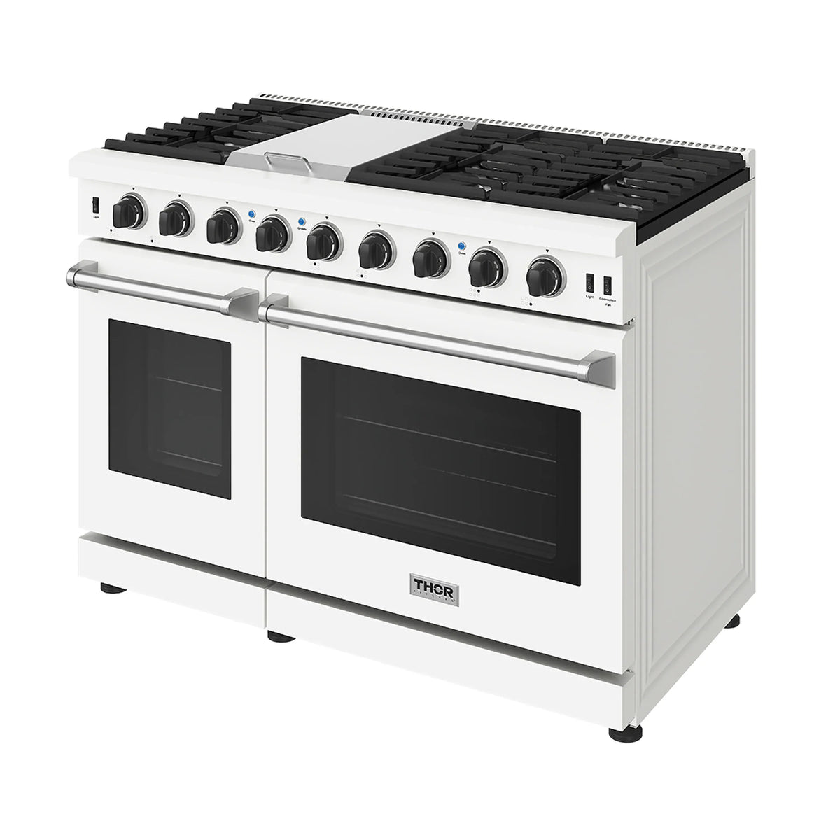 White gas range with black cooktop grates, control knobs, and two oven doors