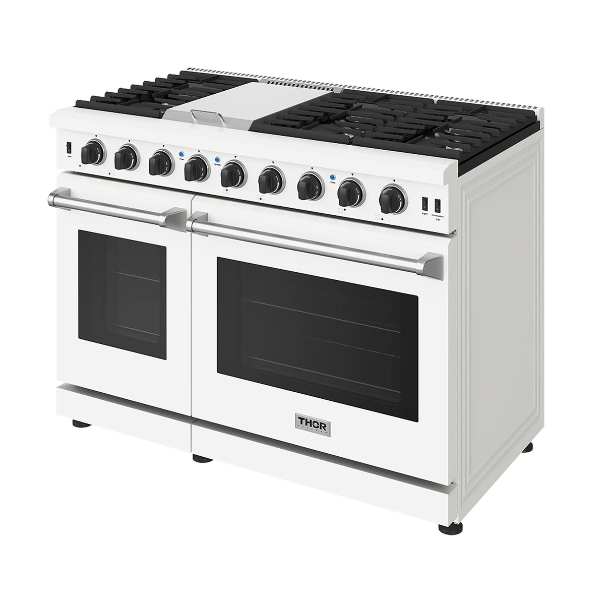 White propane range with cooktop grates, two front oven doors, and knobs