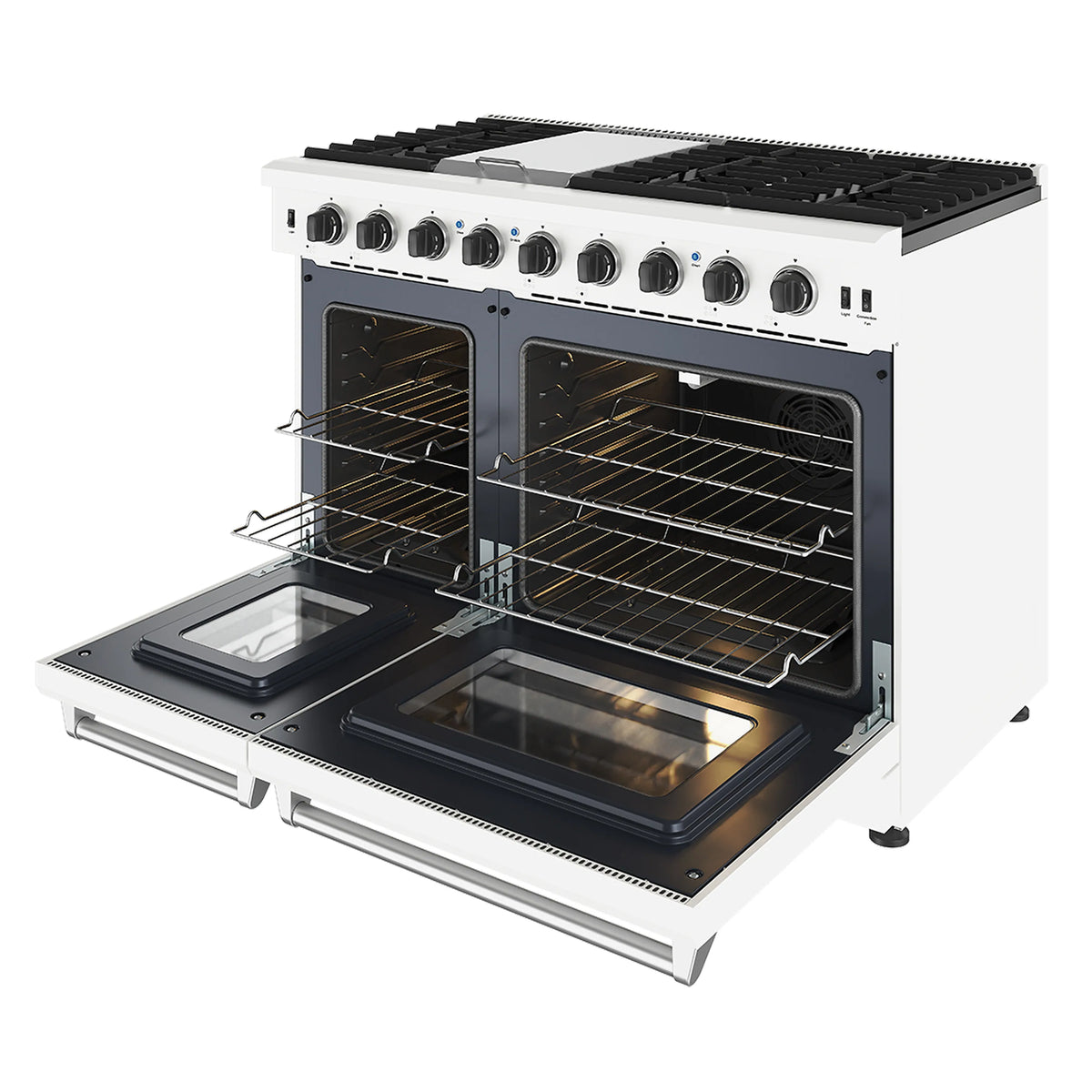 White 48-inch gas range open ovens with racks and broil/grill tray