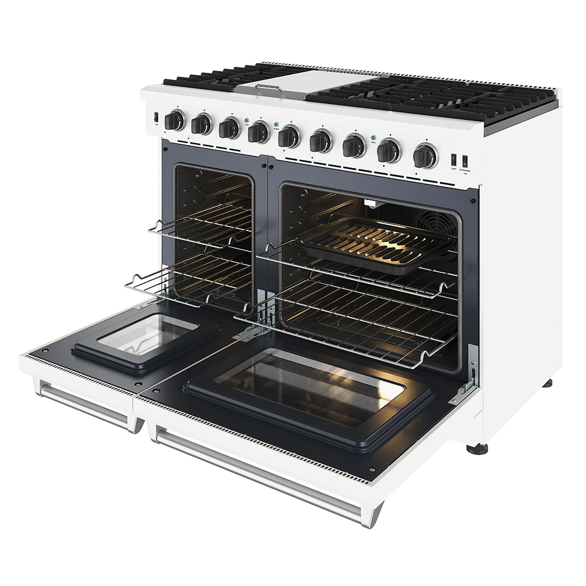 White propane range with open ovens showing racks and a warming tray