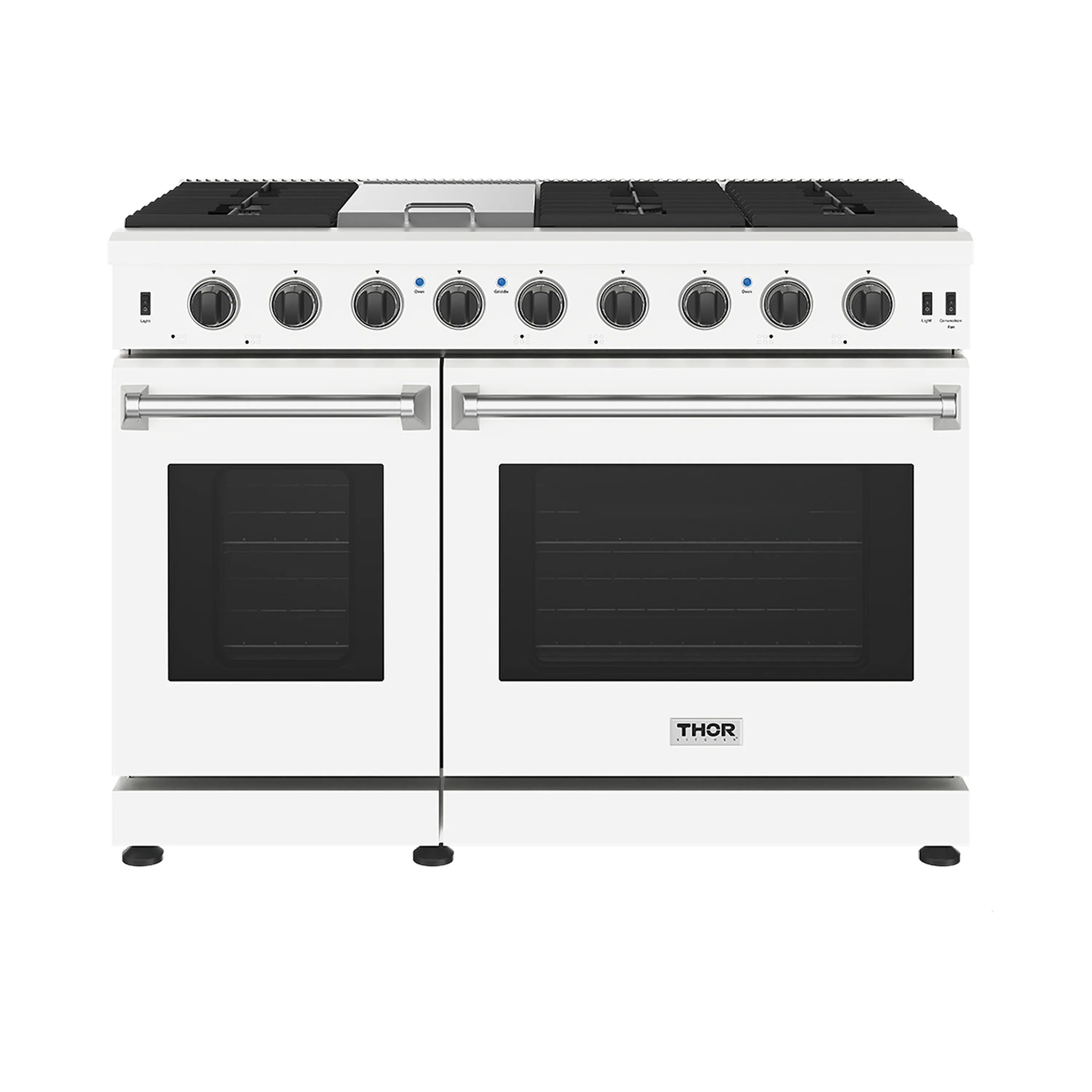 White 48-inch gas range with two ovens and top black burner grates