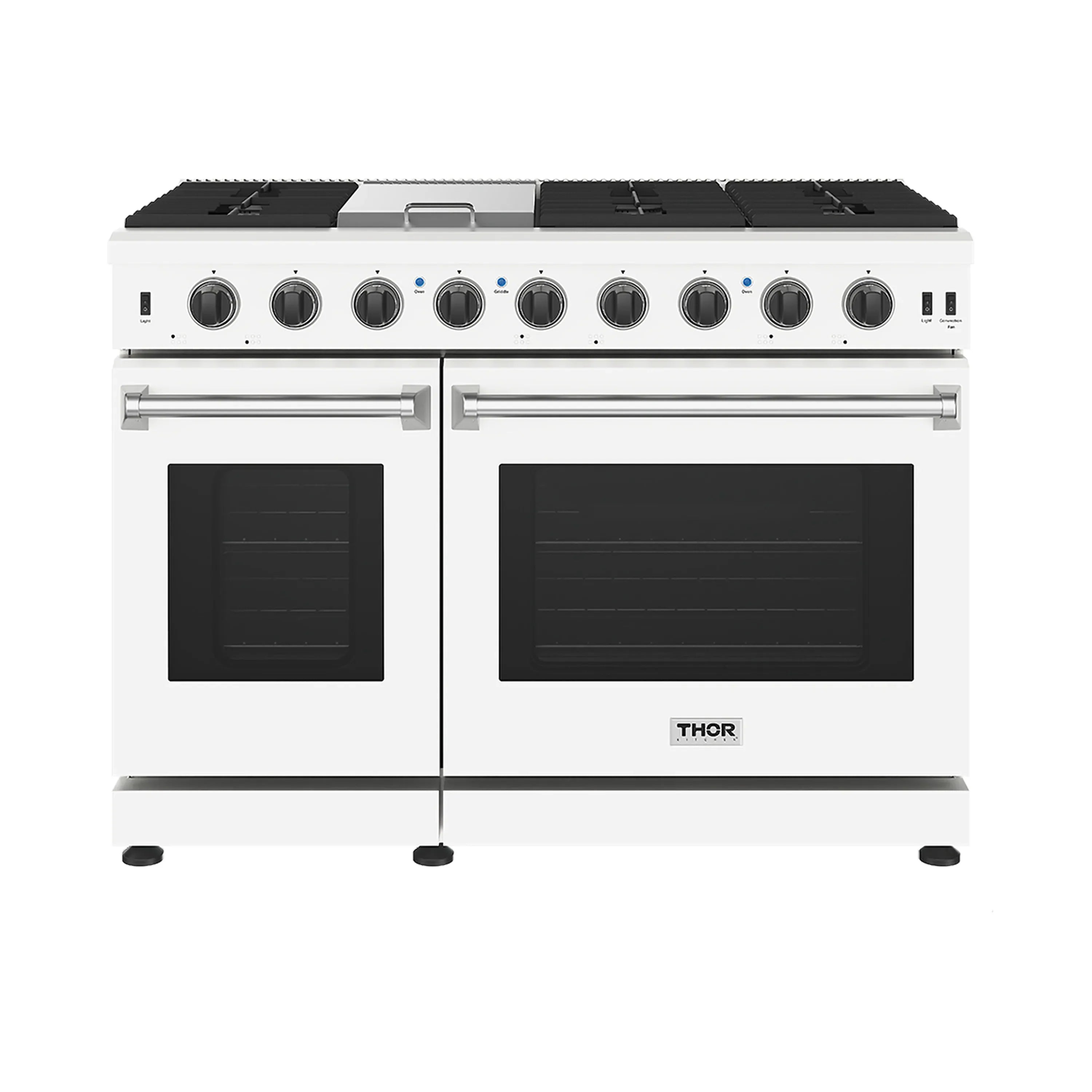 White gas range with black cooktop, four burners, and two dark oven doors