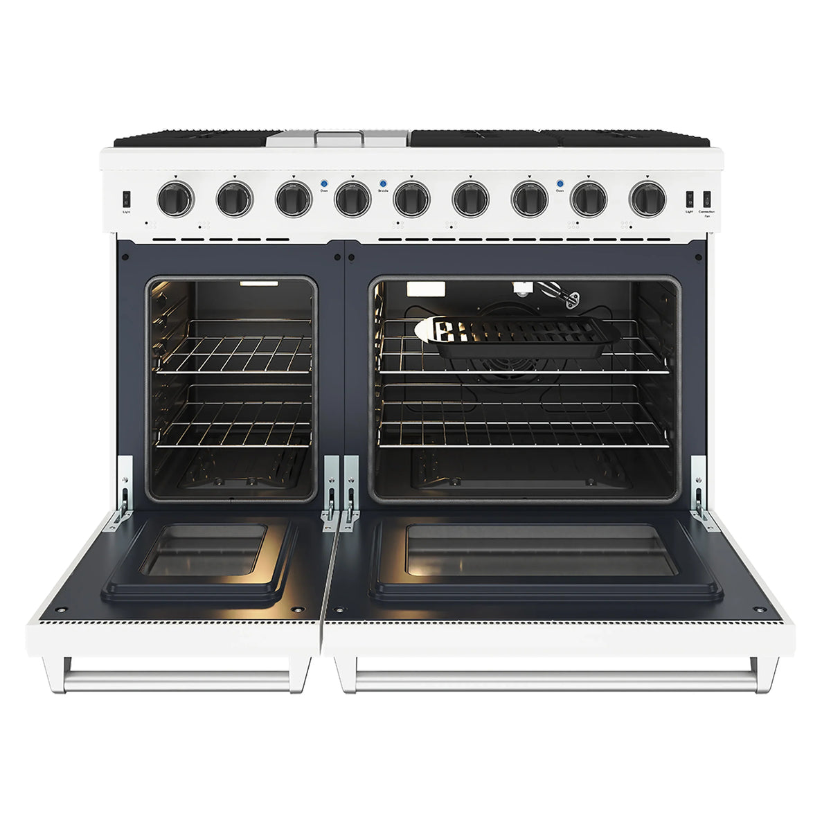 Open gas range with two oven compartments and racks, black cooktop above