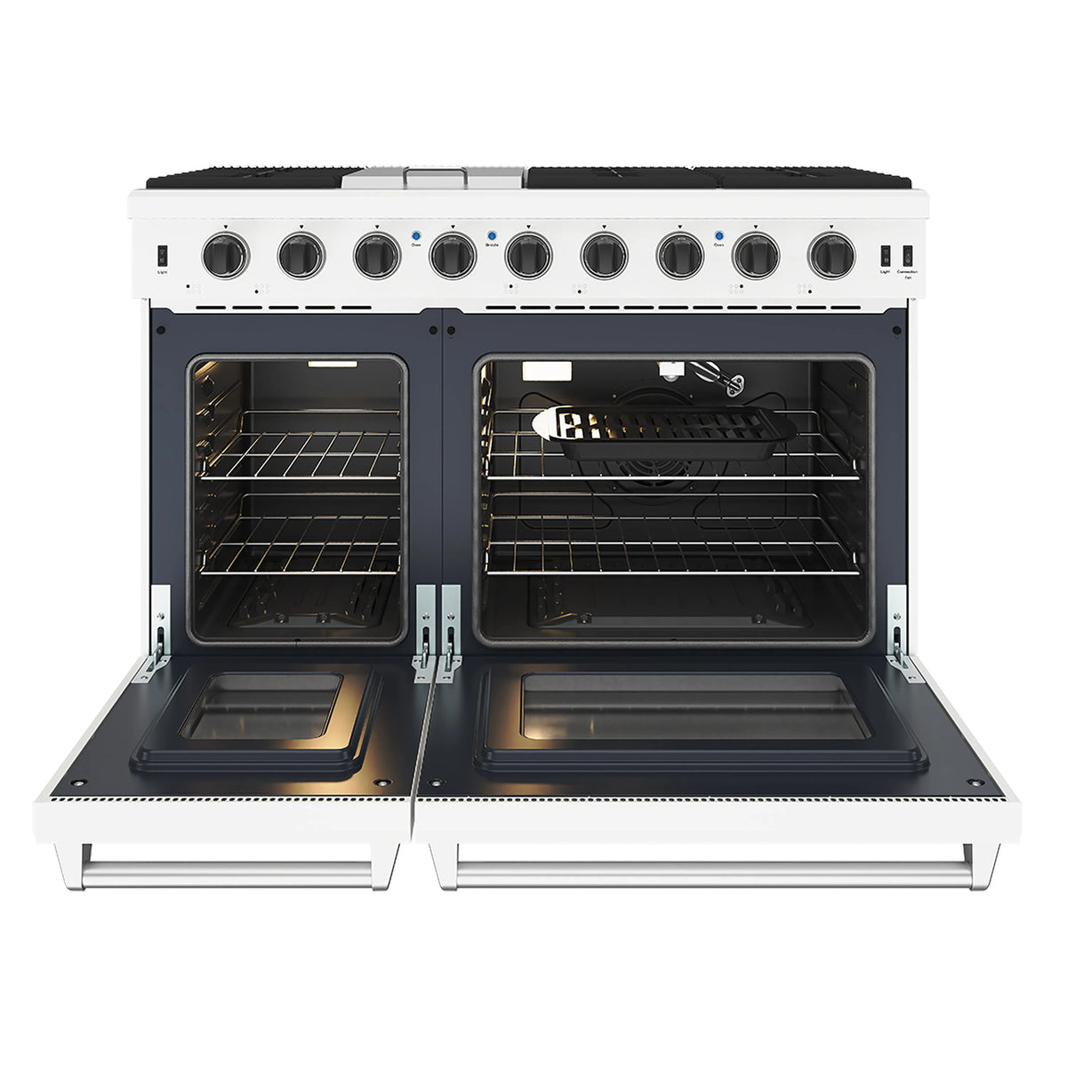 White propane range with both oven doors open and visible oven racks
