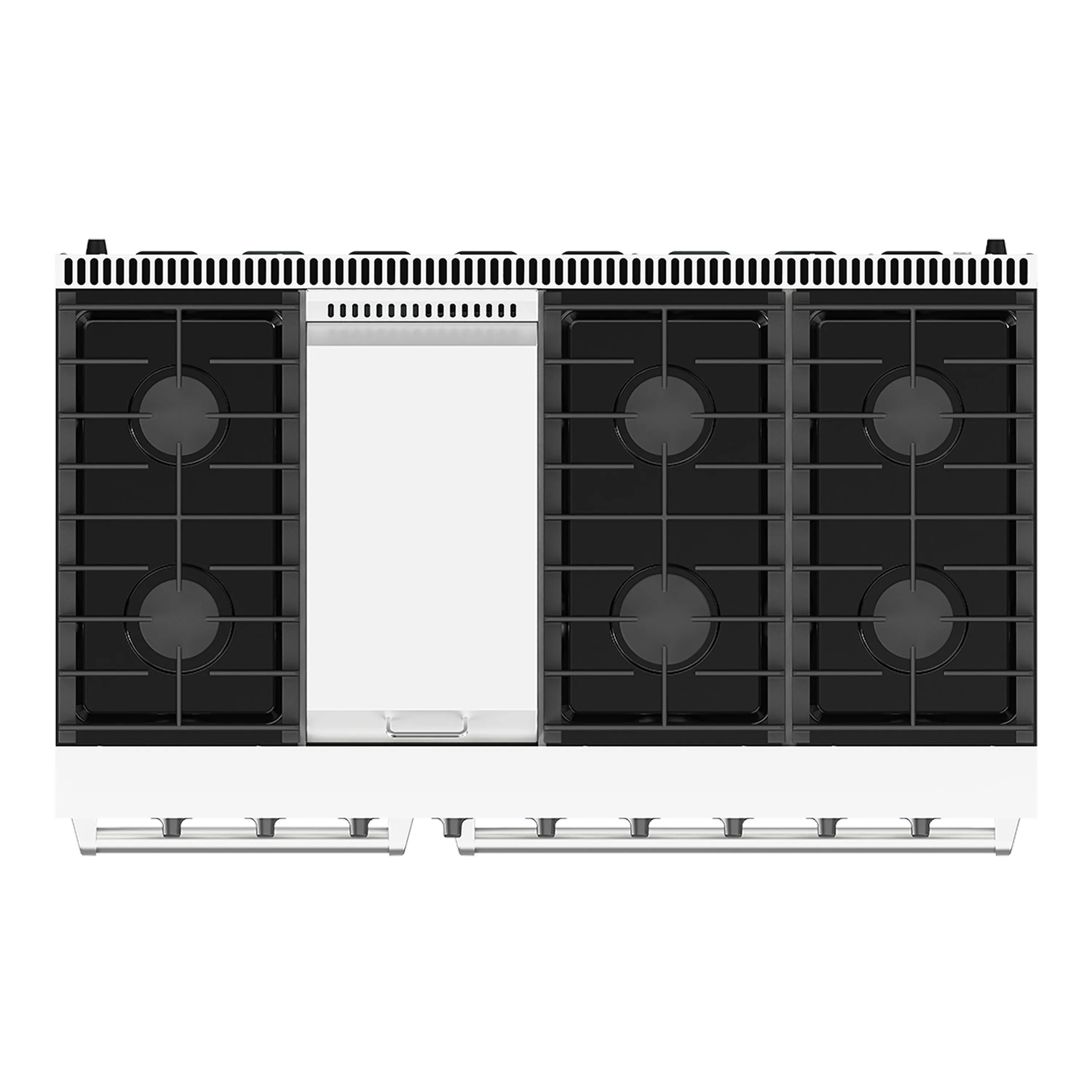 Back view of white 48-inch gas range with four burner grates