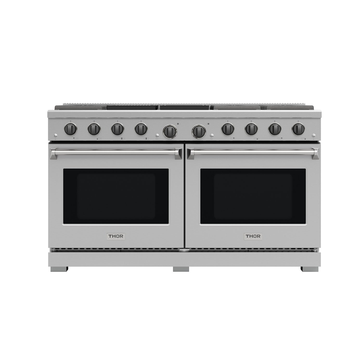 60-inch stainless steel gas range with dual black glass oven doors and knob controls