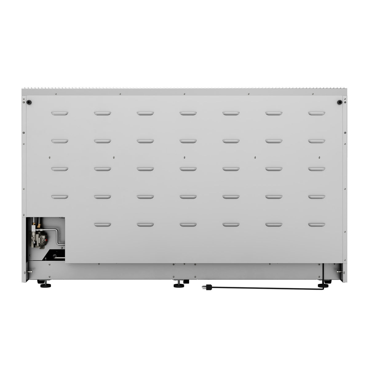 Stainless steel gas range underside view with back panel cutouts and leveling feet