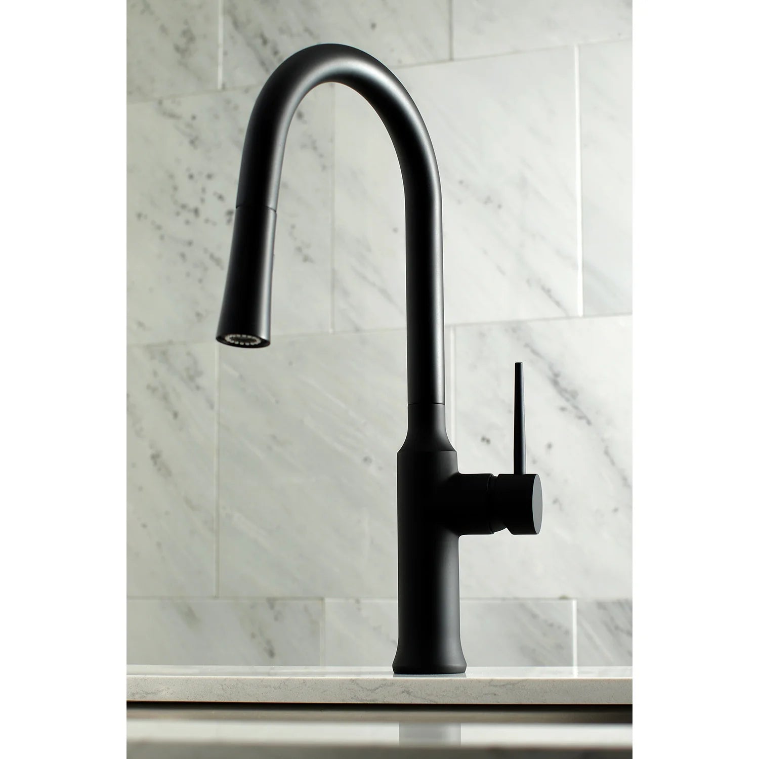 Matte black kitchen faucet with tall arched spout and single side control lever