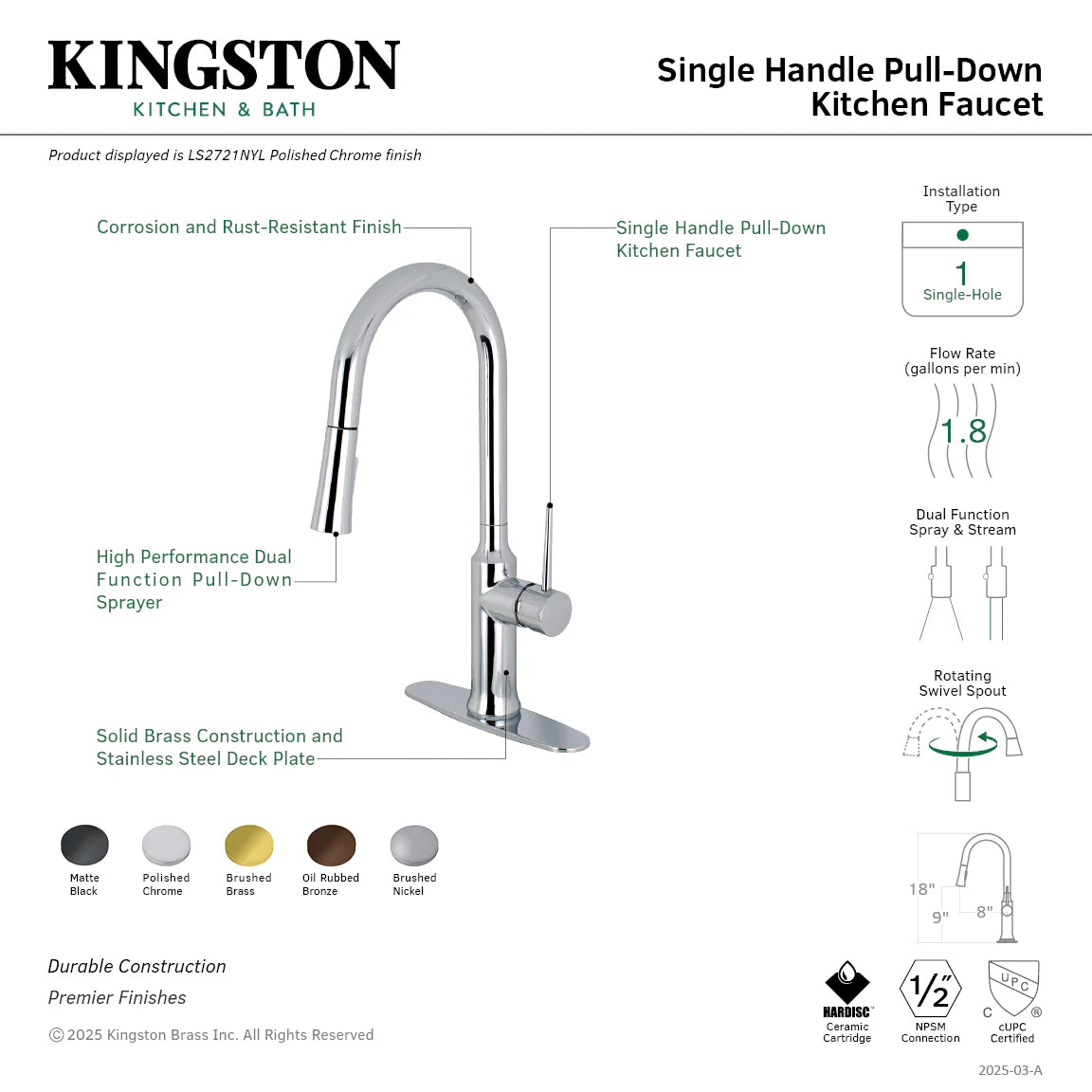 Kingston Kitchen & Bath faucet specification diagram for single-handle pull-down model