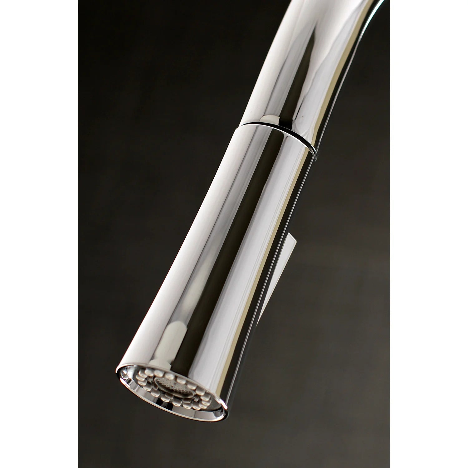 Polished chrome pull-down spray head with visible nozzle openings