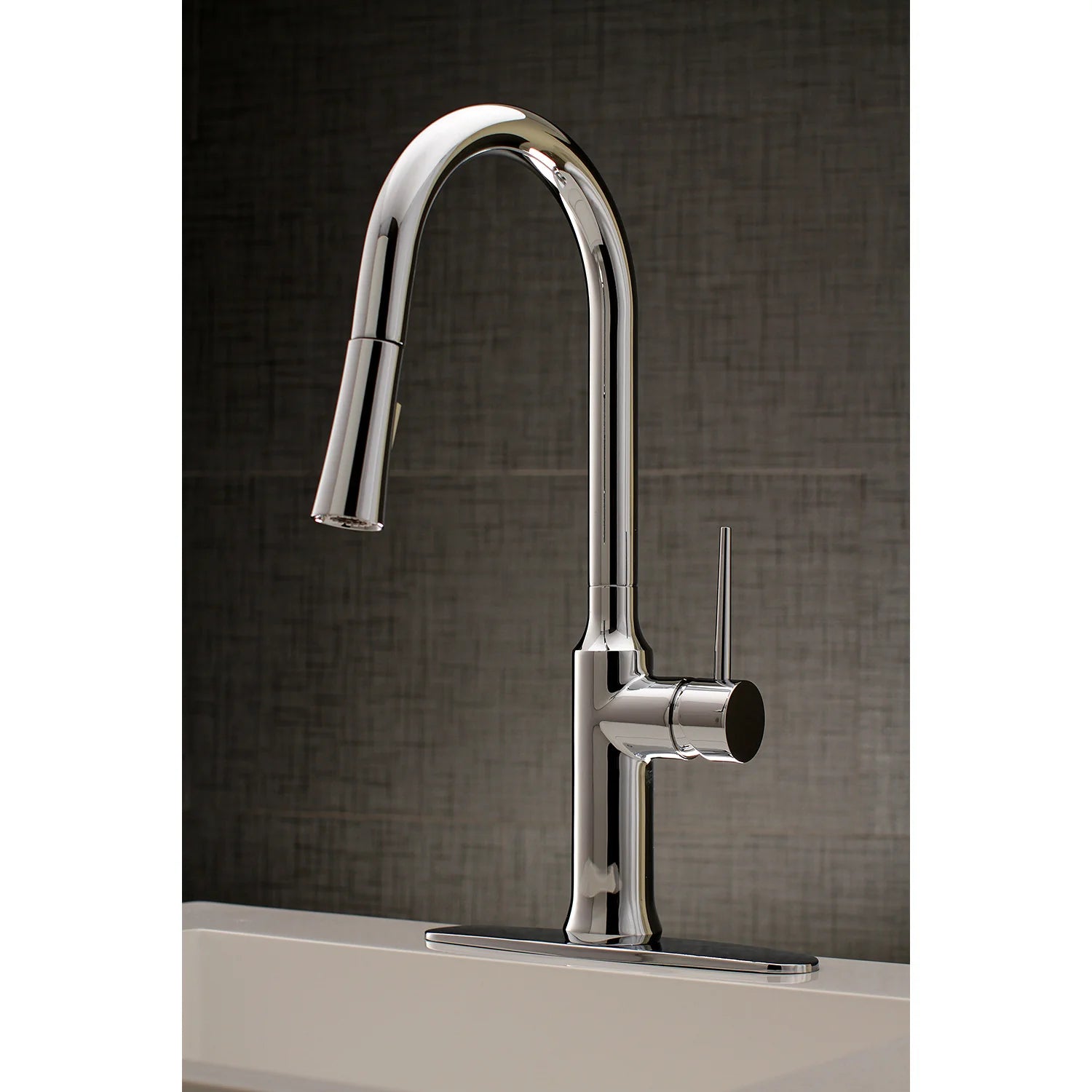 Polished chrome single-handle pull-down kitchen faucet with tall arched spout