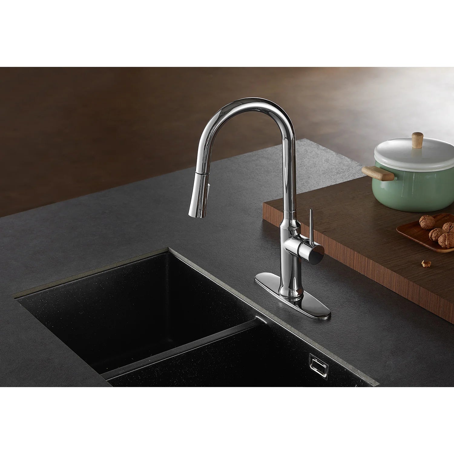 Polished chrome single-handle pull-down kitchen faucet with tall arched spout