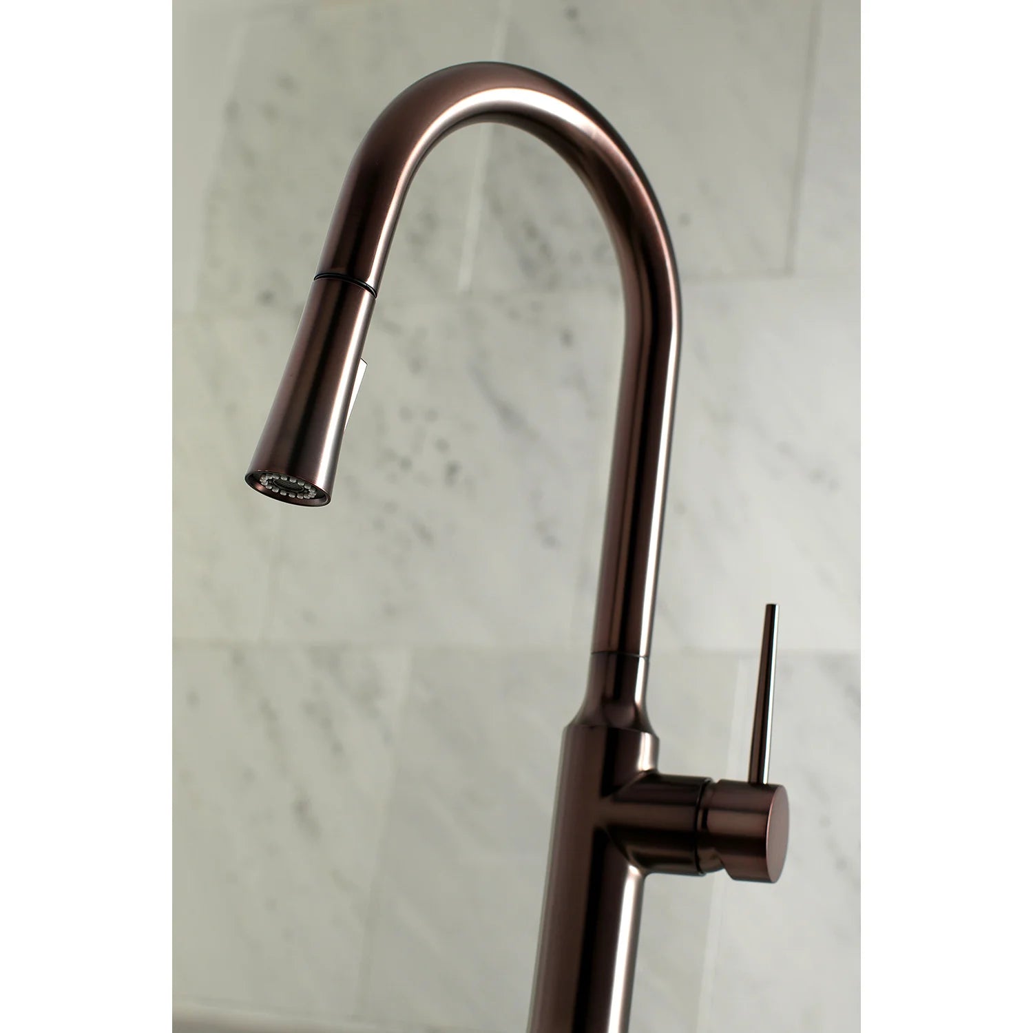 Single-handle pull-down kitchen faucet in oil rubbed bronze with curved gooseneck spout
