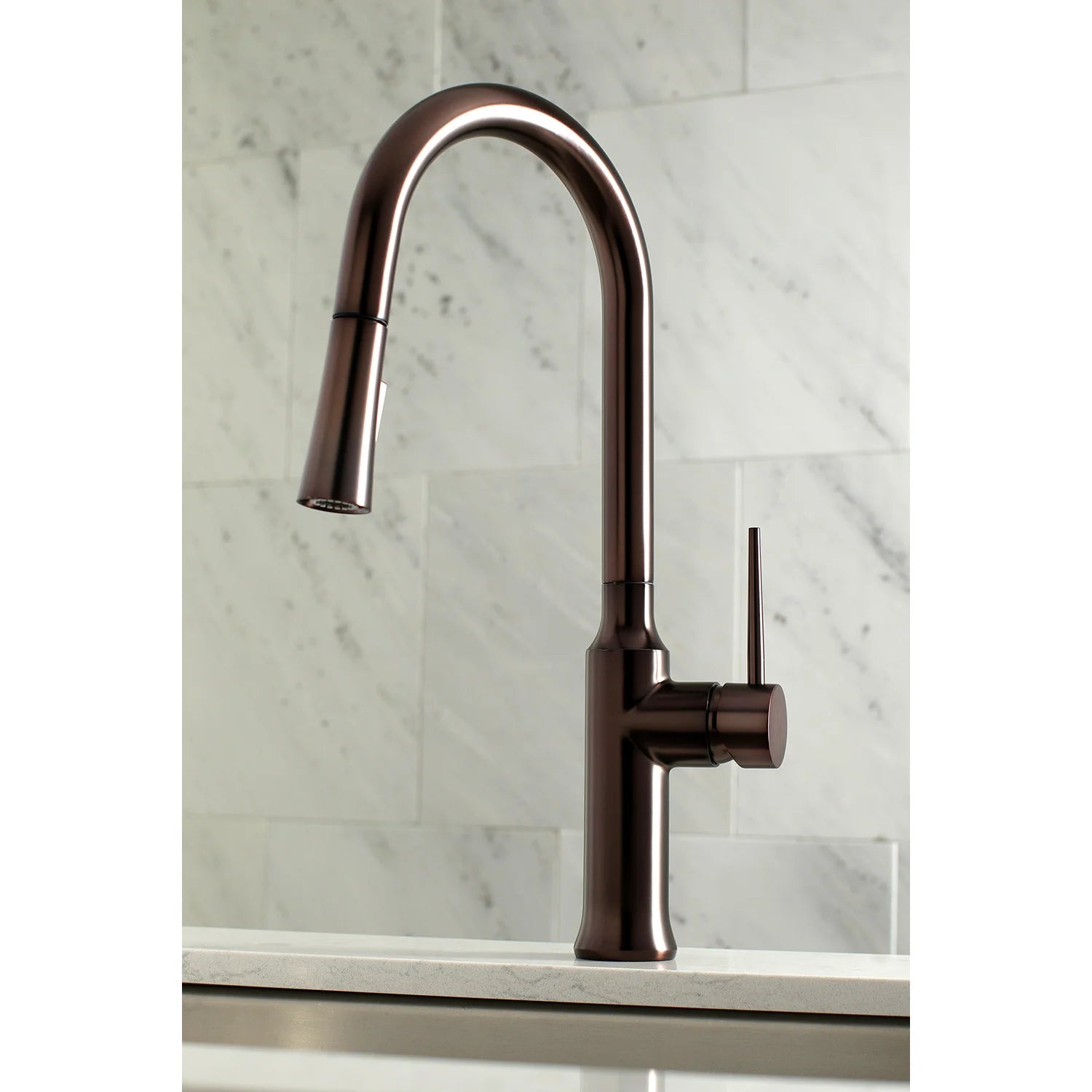 Single-handle kitchen faucet in oil rubbed bronze with tall curved spout and side lever
