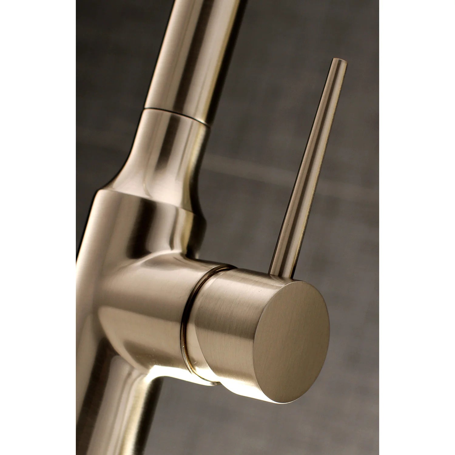 Brushed nickel faucet handle and control knob with arched spout and pull-down hose