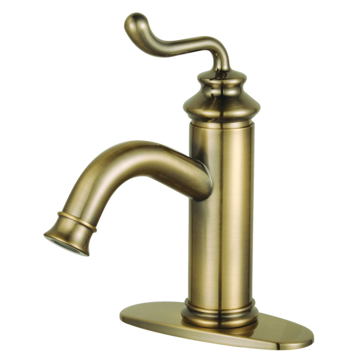 Royale One-Handle Single-Hole Bathroom Faucet with Deck Plate and Push Pop-Up Drain in Antique Brass