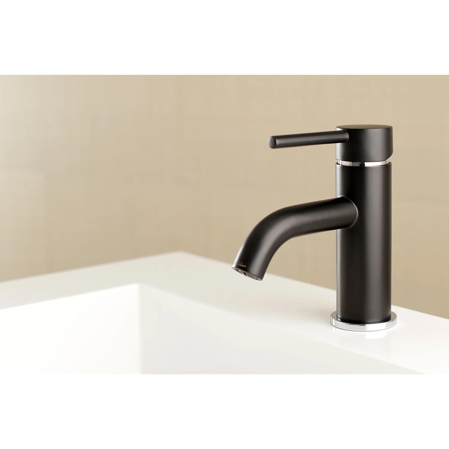 Matte black single-handle bathroom faucet with curved spout on countertop
