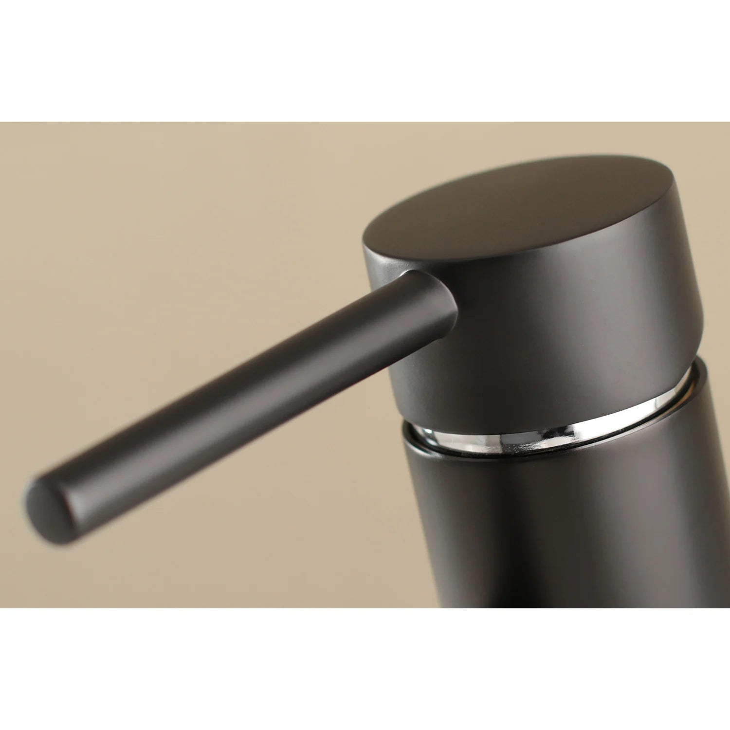 Matte black faucet handle and top of spout with shiny base ring