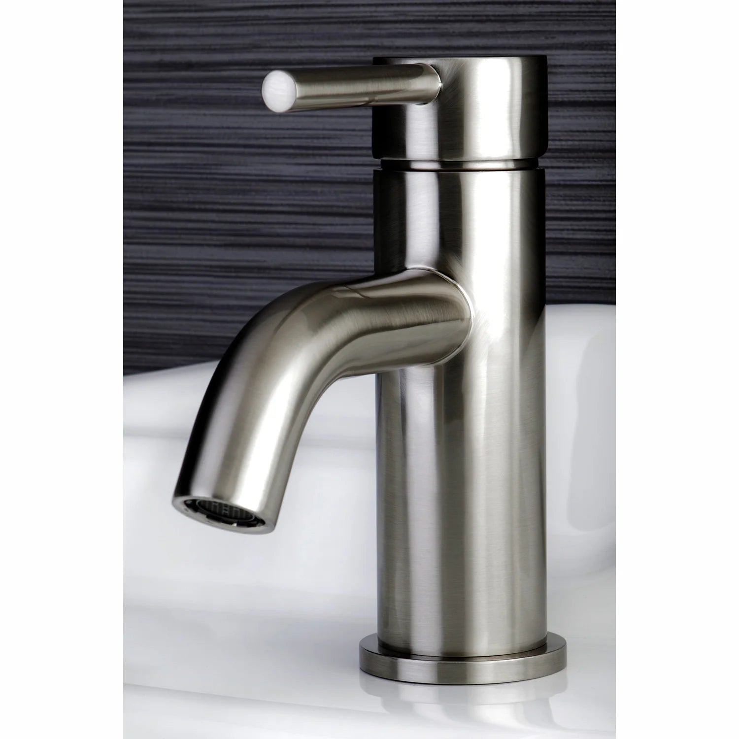 Brushed nickel one-handle bathroom faucet with lever handle and curved spout