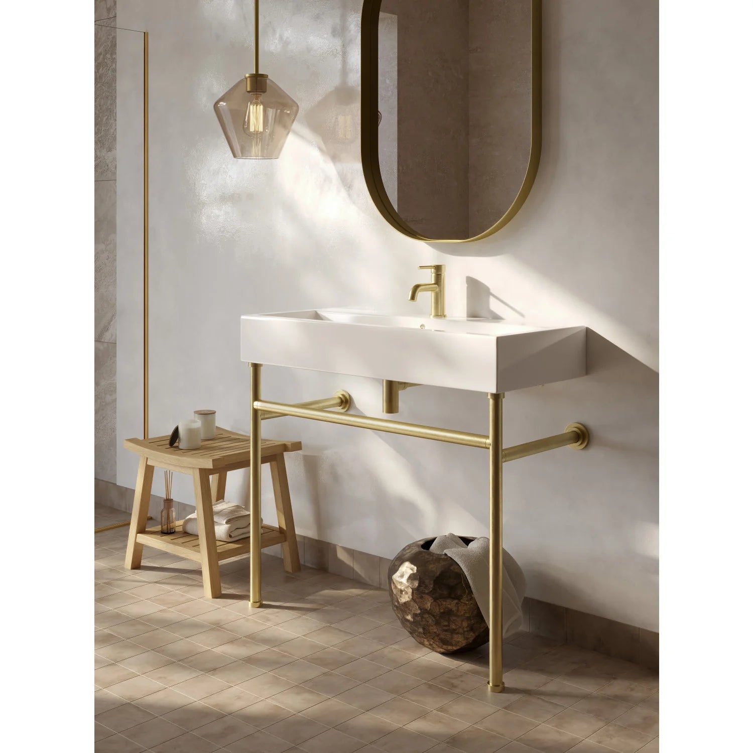 Polished nickel one-handle bathroom faucet on white vanity, deck-mounted spout.