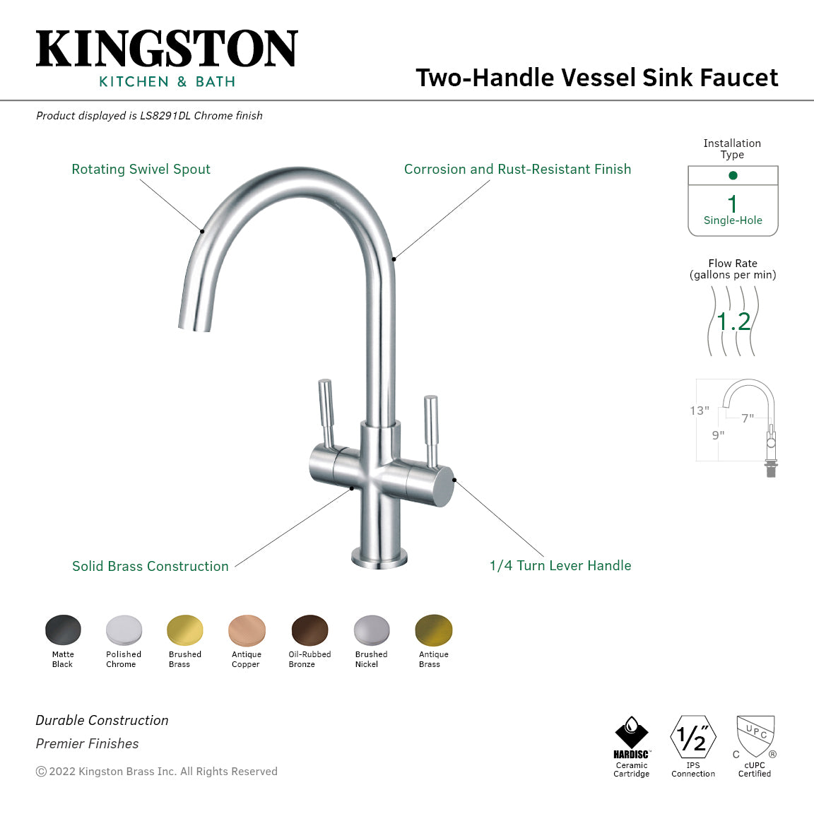 Fauceture Concord Double-Handle Vessel Sink Faucet in Brushed Brass
