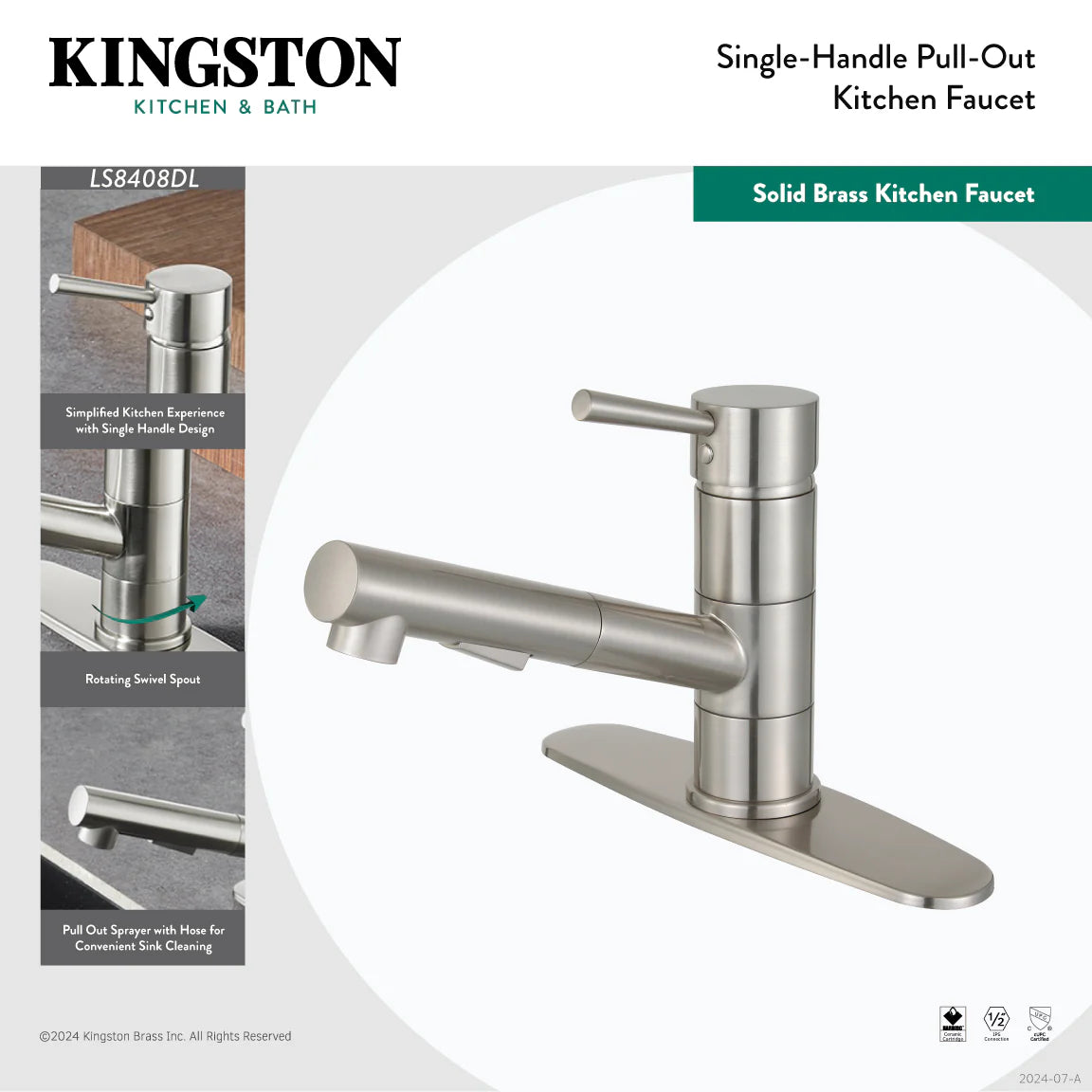 Polished chrome single-handle pull-out kitchen faucet with lever handle and wide base