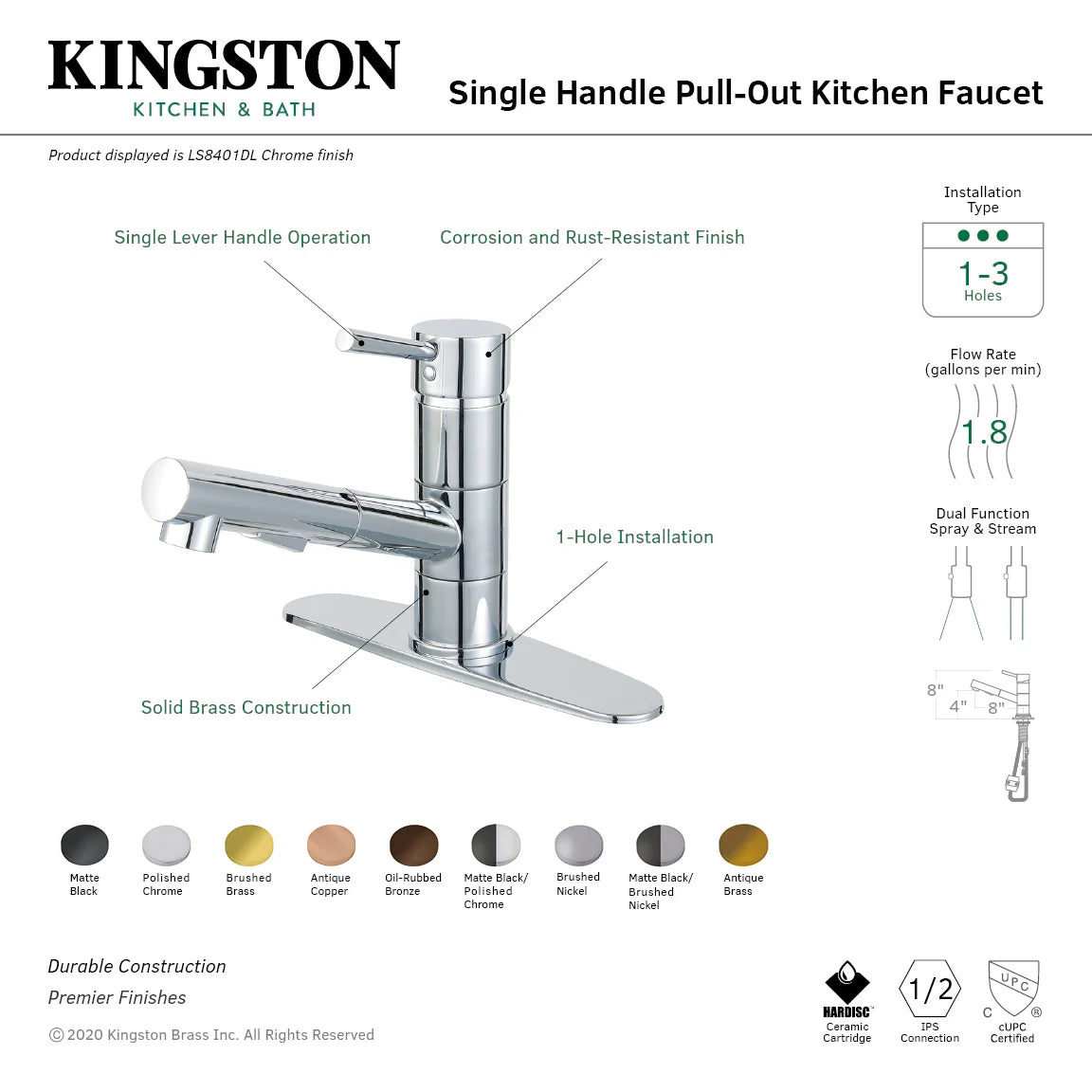 Polished chrome single-handle pull-out kitchen faucet diagram with installation and flow specs