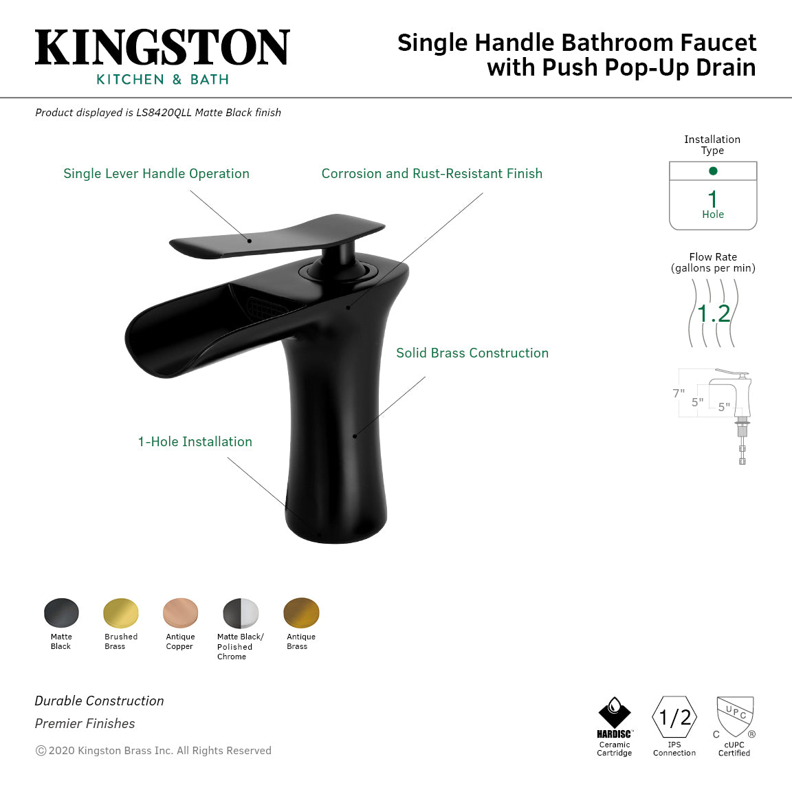 Executive One-Handle Single-Hole Bathroom Faucet with Push Pop-Up Drain in Brushed Brass