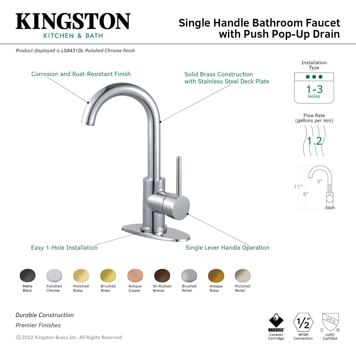 Concord One-Handle Single-Hole Bathroom Faucet with Deck Plate and Push Pop-Up Drain in Brushed Nickel