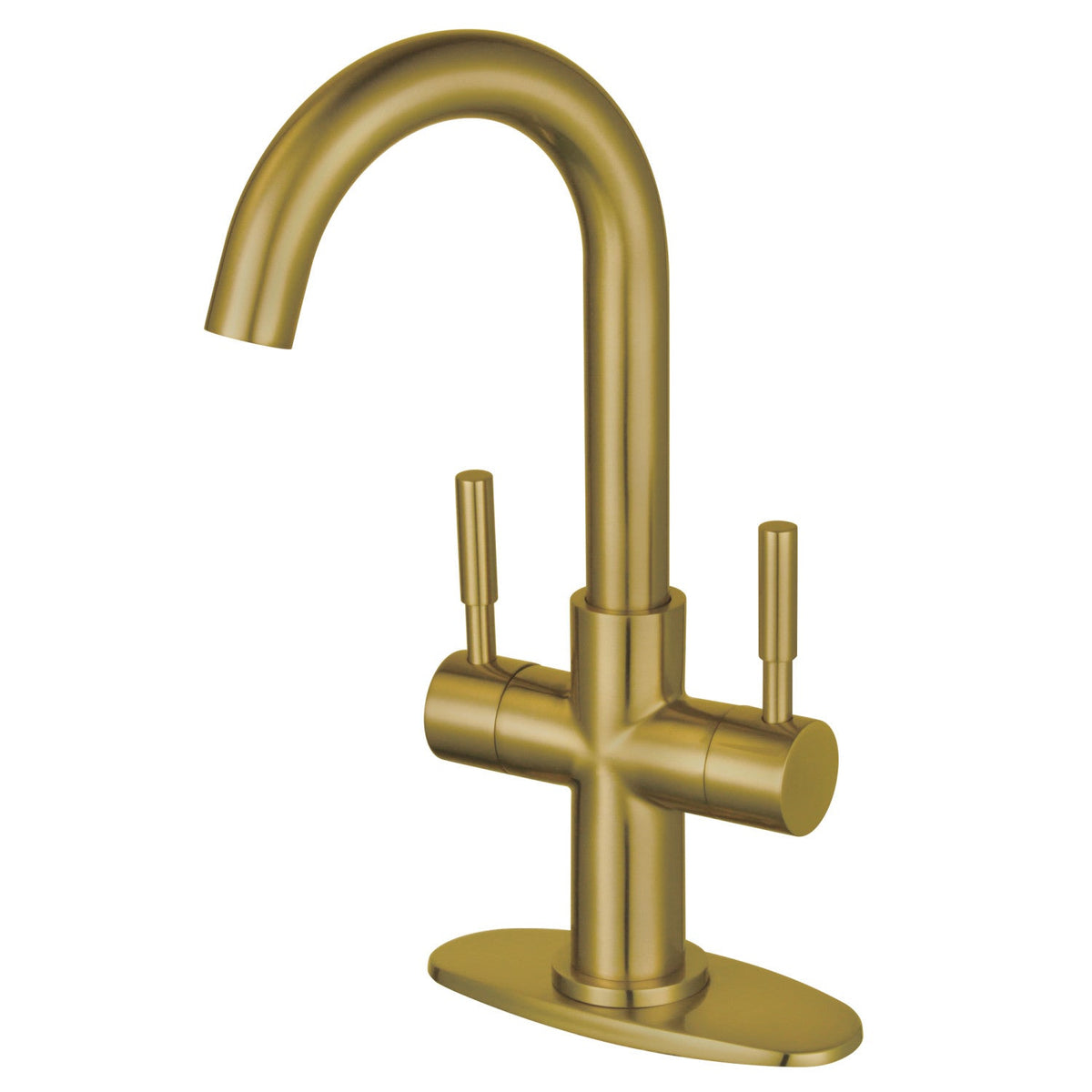 Concord Two-Handle Single-Hole Bathroom Faucet with Deck Plate and Push Pop-Up Drain in Brushed Brass
