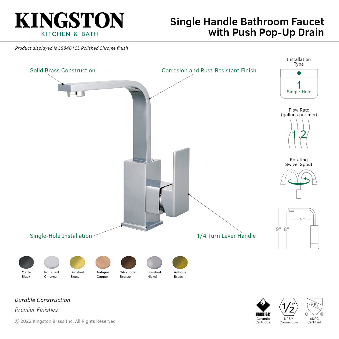 Claremont One-Handle Single-Hole Bathroom Faucet with Push Pop-Up Drain in Brushed Nickel