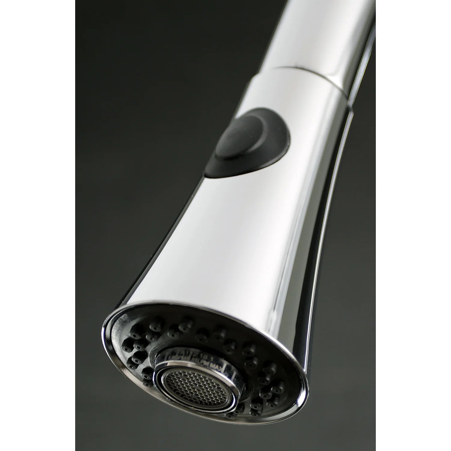 Polished chrome pull-down sprayer head with black flow nozzle insert and grille
