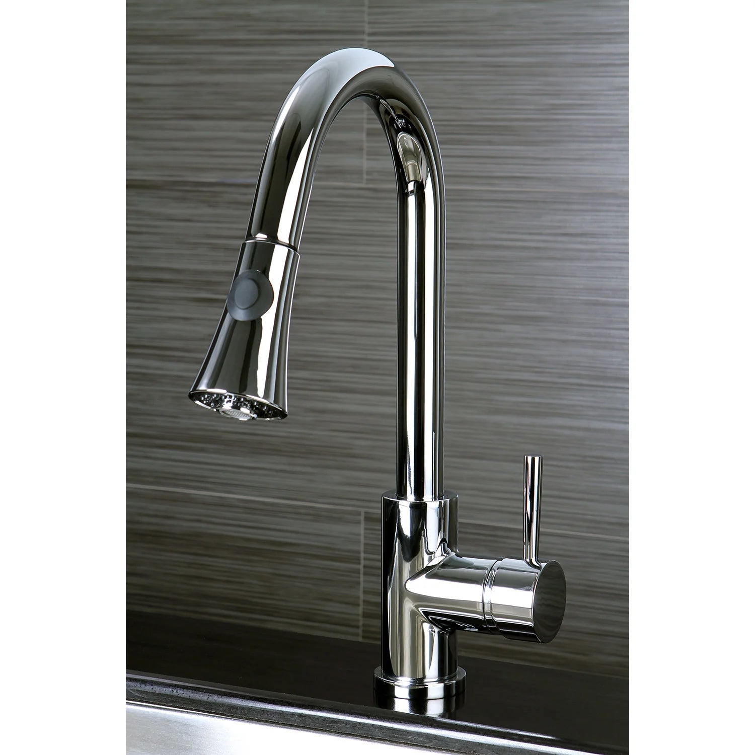 Polished chrome pull-down kitchen faucet with tall curved spout and side lever