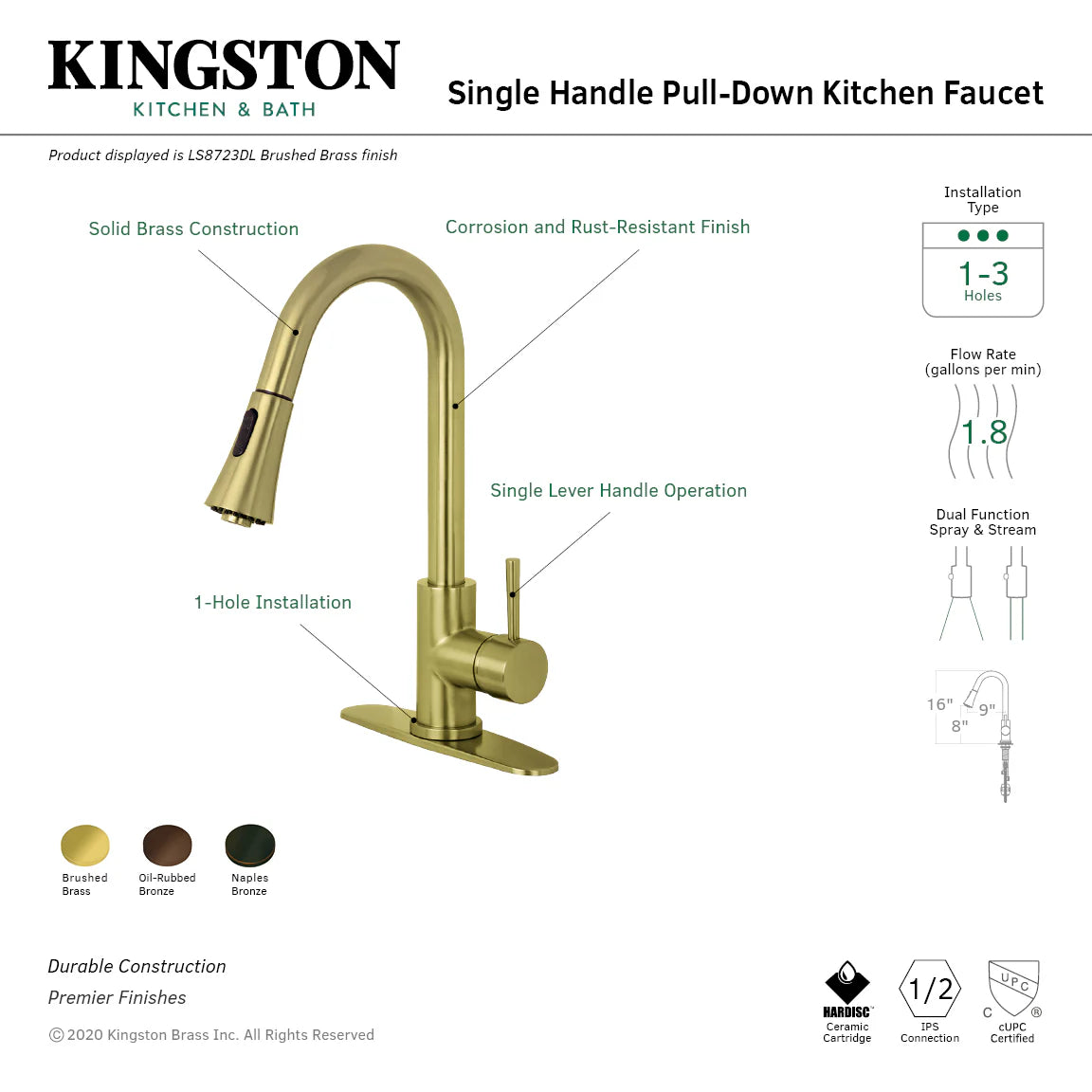 Brushed bronze single-handle pull-down kitchen faucet with pull-down sprayer