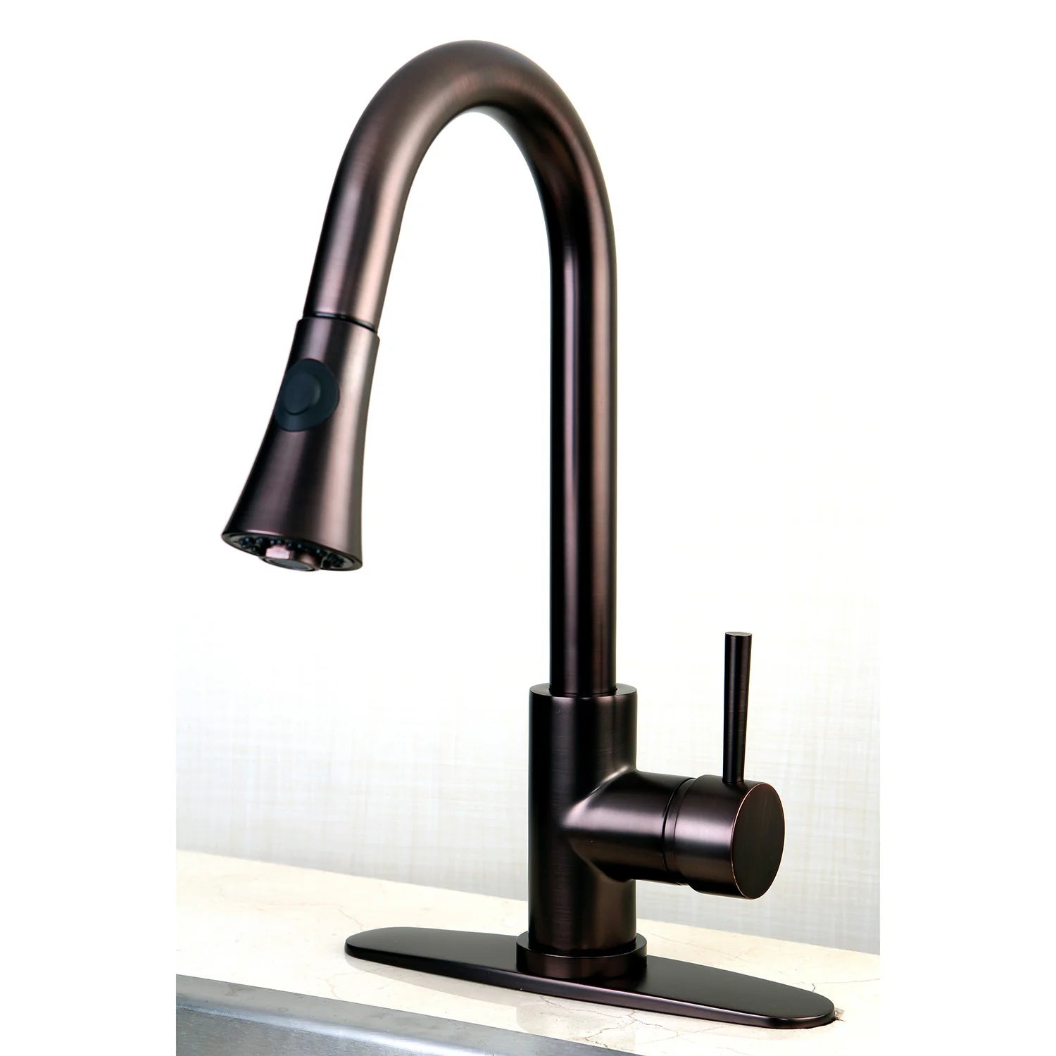 Oil rubbed bronze pull-down kitchen faucet with high-arc spout and matching control lever
