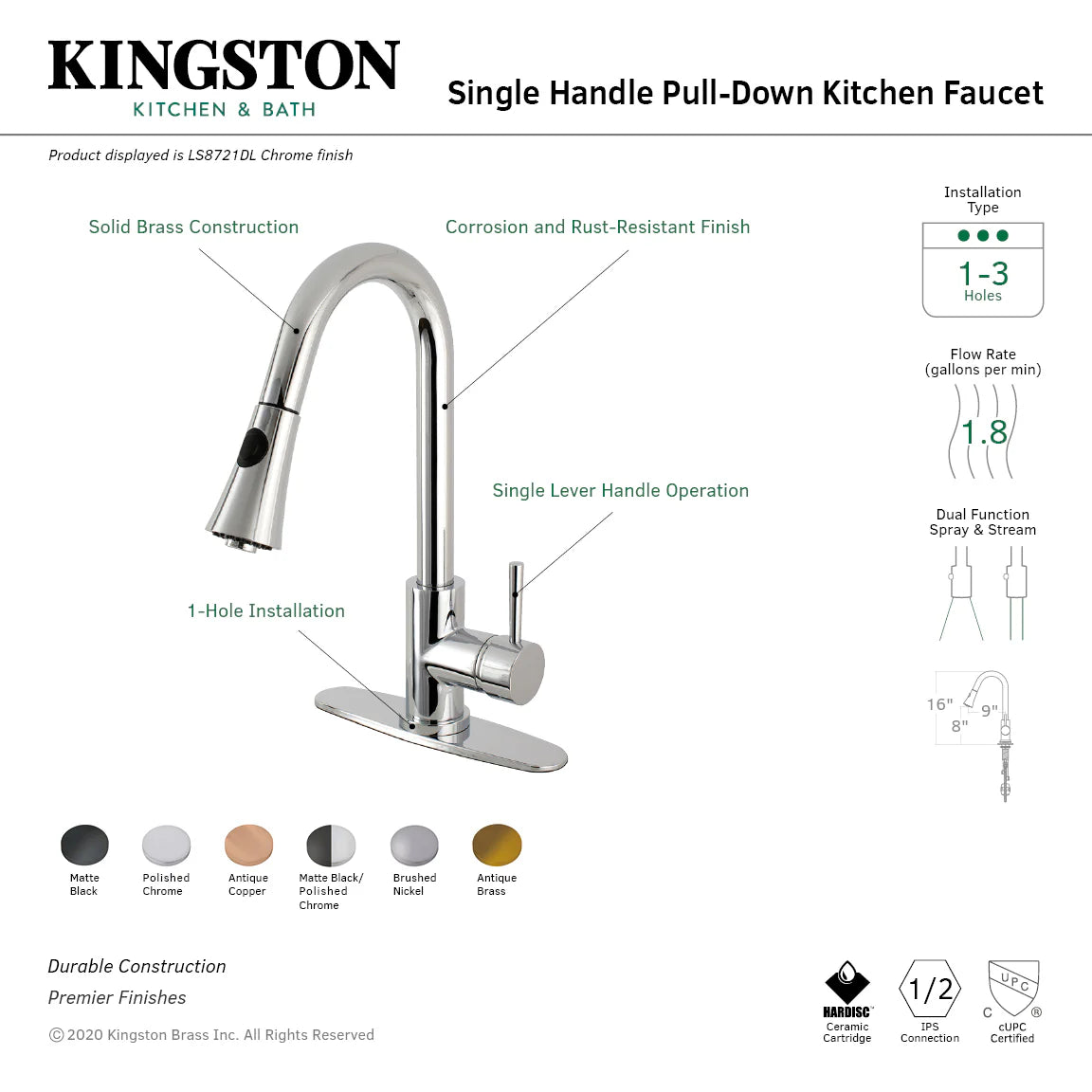 Kitchen faucet product diagram with single lever handle and pull-down spray head