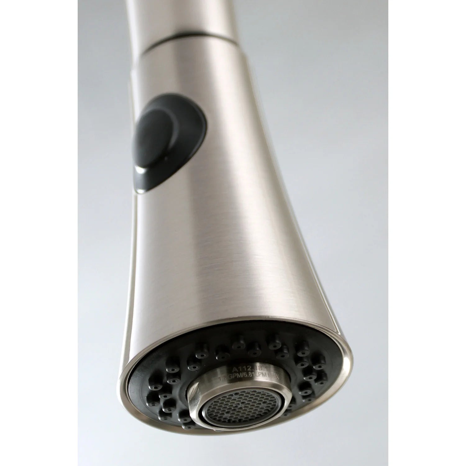 Brushed nickel pull-down spray head with textured aerator face and jets