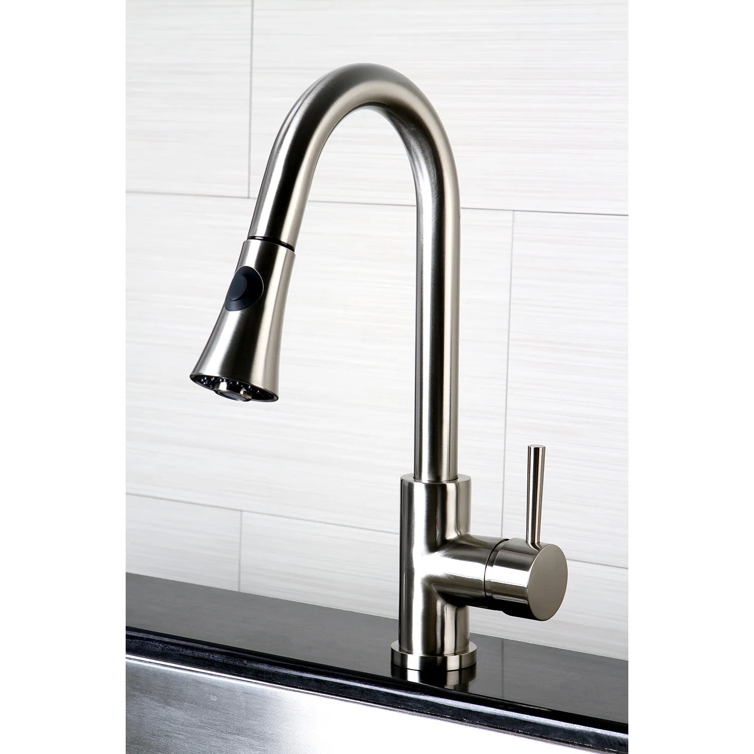 Brushed nickel kitchen faucet with tall arched spout and single lever handle