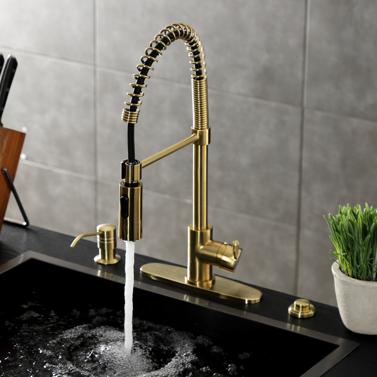 Gourmetier Concord Single-Handle Deck-Mount Pre-Rinse Kitchen Faucet in Brushed Brass
