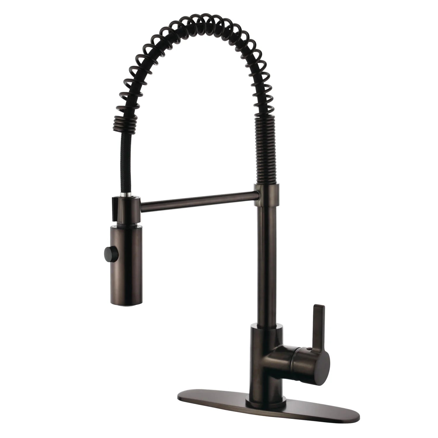 Oil-rubbed bronze deck-mount kitchen faucet with single handle and coiled pull-down hose